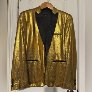 INC International Concepts Gold Sequin Blazer with Black Satin Trim Sz L New